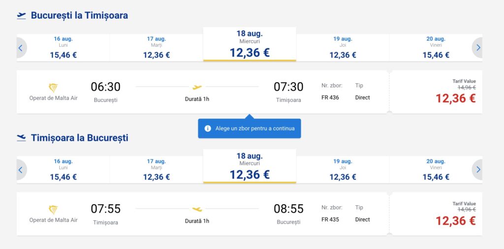 Program de zbor Ryanair pe ruta București - Timișoara și retur în lunile iulie și august